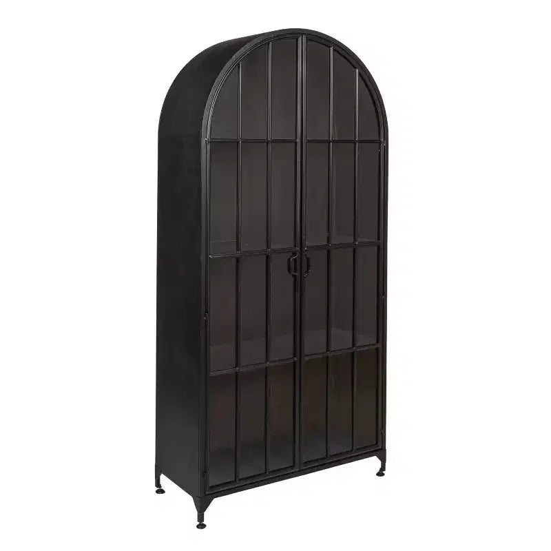 Meuble de Rangement Décoratif Noir 193 cm de Haut avec Arc: Cadre en Fer, Surface en Verre, Étagères Fixes