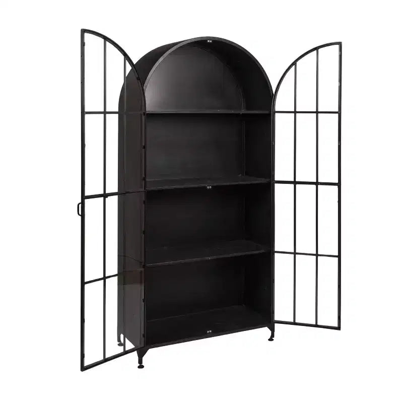 Meuble de Rangement Décoratif Noir 193 cm de Haut avec Arc: Cadre en Fer, Surface en Verre, Étagères Fixes