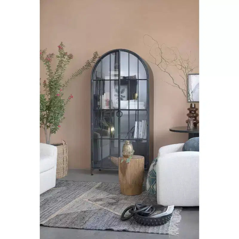 Meuble de Rangement Décoratif Noir 193 cm de Haut avec Arc: Cadre en Fer, Surface en Verre, Étagères Fixes