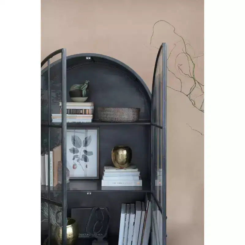 Meuble de Rangement Décoratif Noir 193 cm de Haut avec Arc: Cadre en Fer, Surface en Verre, Étagères Fixes