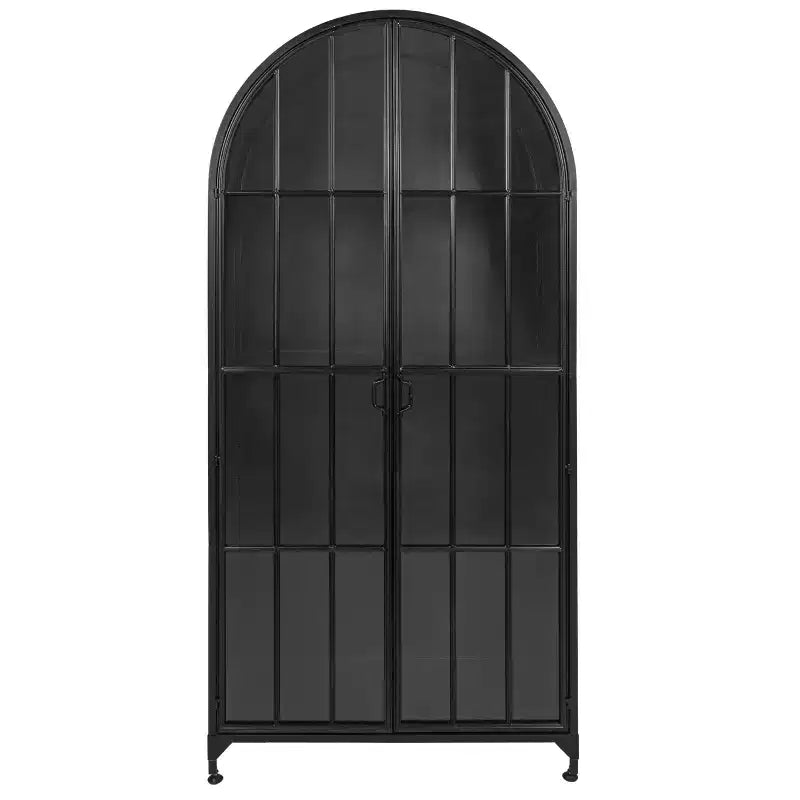 Meuble de Rangement Décoratif Noir 193 cm de Haut avec Arc: Cadre en Fer, Surface en Verre, Étagères Fixes