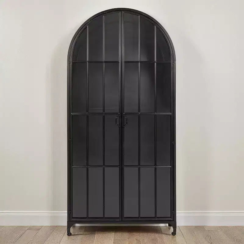 Meuble de Rangement Décoratif Noir 193 cm de Haut avec Arc: Cadre en Fer, Surface en Verre, Étagères Fixes