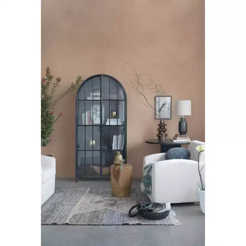 Meuble de Rangement Décoratif Noir 193 cm de Haut avec Arc: Cadre en Fer, Surface en Verre, Étagères Fixes