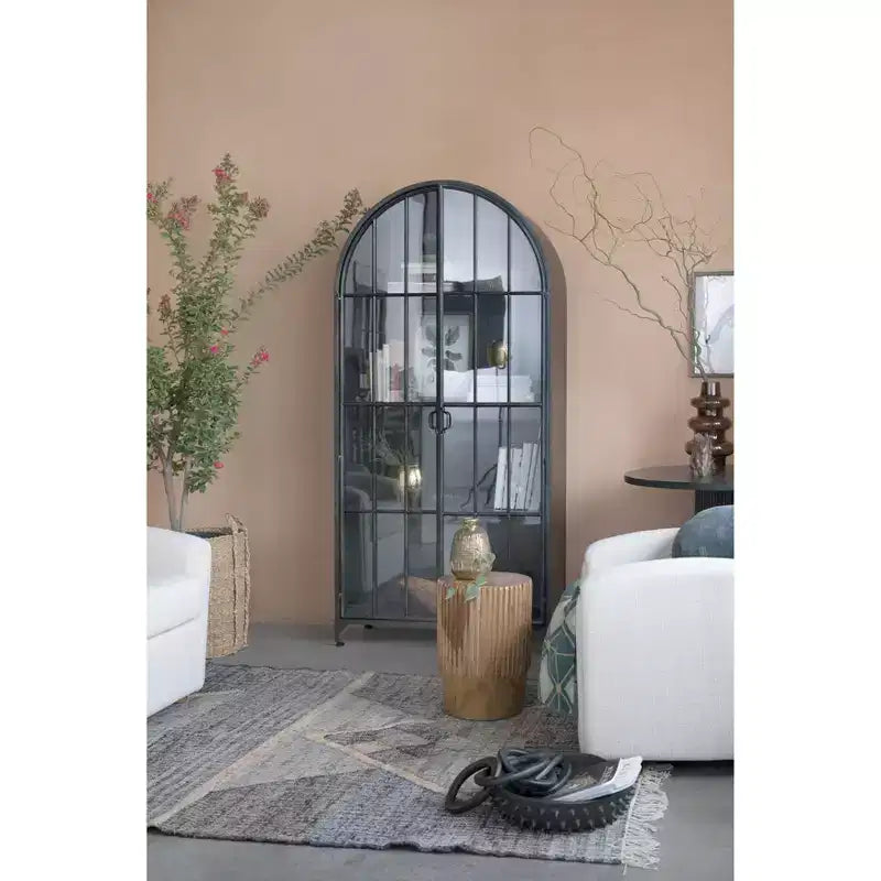 Meuble de Rangement Décoratif Noir 193 cm de Haut avec Arc: Cadre en Fer, Surface en Verre, Étagères Fixes