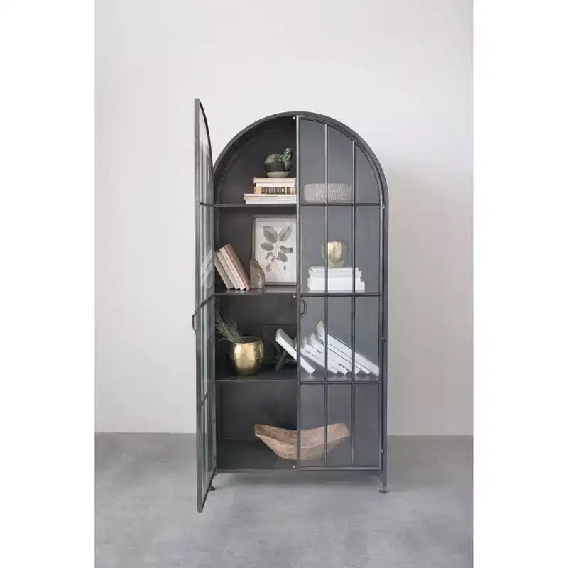 Meuble de Rangement Décoratif Noir 193 cm de Haut avec Arc: Cadre en Fer, Surface en Verre, Étagères Fixes