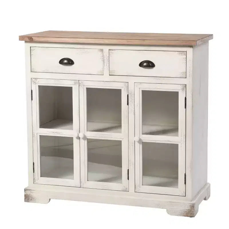 Armoire à 3 portes/2 tiroirs Shabby Chic avec carreaux, Blanc antique/Naturel - StyleCraft : Style Ferme, Étagère Fixe, Bois Composite