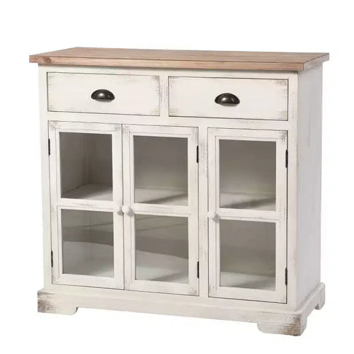 Armoire à 3 portes/2 tiroirs Shabby Chic avec carreaux, Blanc antique/Naturel - StyleCraft : Style Ferme, Étagère Fixe, Bois Composite