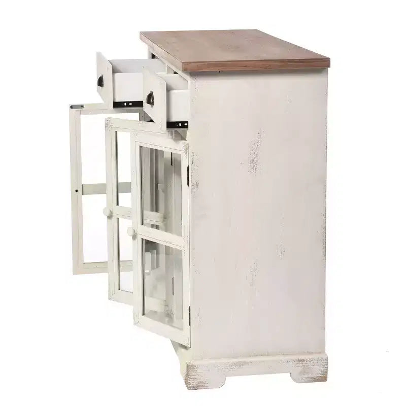 Armoire à 3 portes/2 tiroirs Shabby Chic avec carreaux, Blanc antique/Naturel - StyleCraft : Style Ferme, Étagère Fixe, Bois Composite