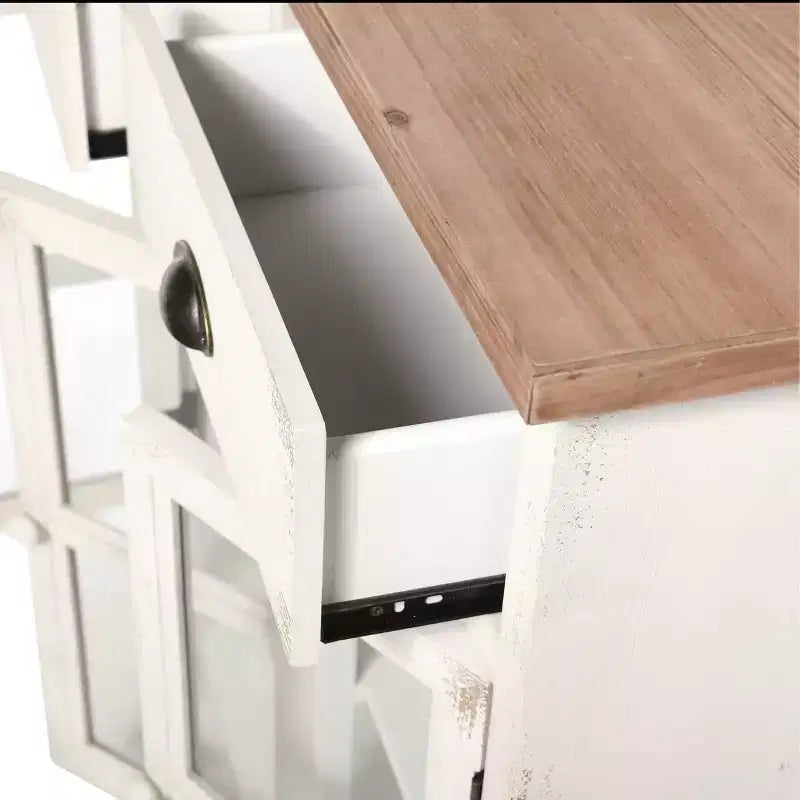 Armoire à 3 portes/2 tiroirs Shabby Chic avec carreaux, Blanc antique/Naturel - StyleCraft : Style Ferme, Étagère Fixe, Bois Composite