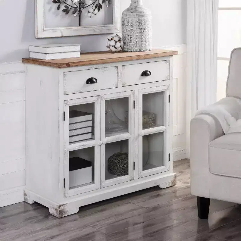 Armoire à 3 portes/2 tiroirs Shabby Chic avec carreaux, Blanc antique/Naturel - StyleCraft : Style Ferme, Étagère Fixe, Bois Composite