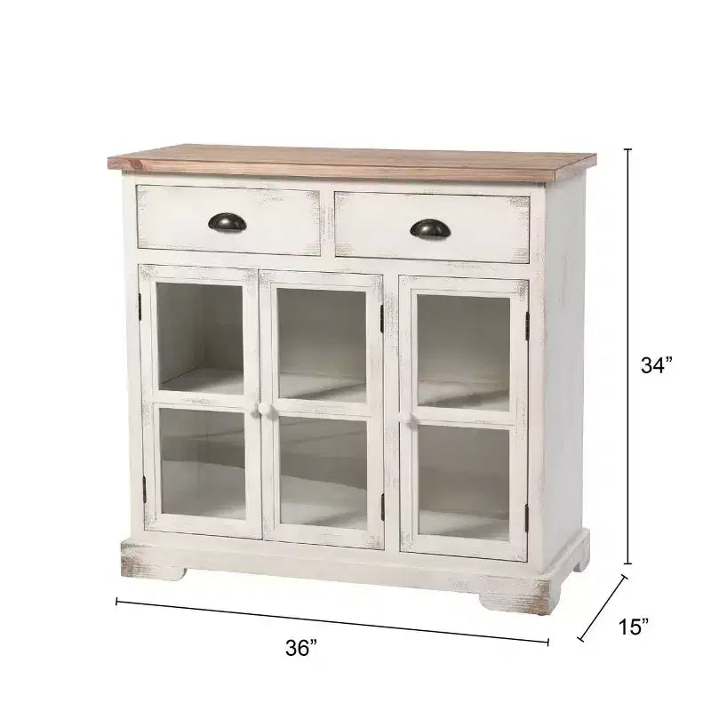 Armoire à 3 portes/2 tiroirs Shabby Chic avec carreaux, Blanc antique/Naturel - StyleCraft : Style Ferme, Étagère Fixe, Bois Composite
