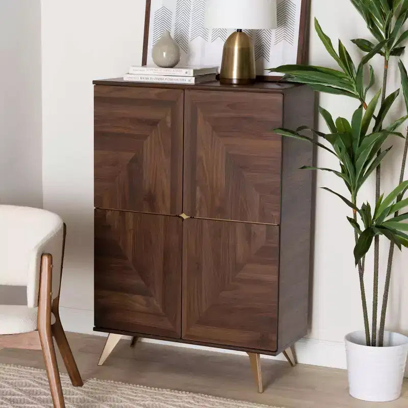 Meuble à Chaussures en Bois Noyer/Or - : Design Mid-Century, 6 Étagères, Organise 18 Paires
