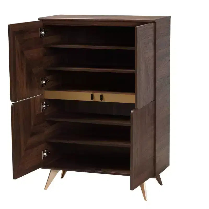 Meuble à Chaussures en Bois Noyer/Or - : Design Mid-Century, 6 Étagères, Organise 18 Paires