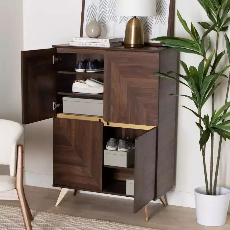 Meuble à Chaussures en Bois Noyer/Or - : Design Mid-Century, 6 Étagères, Organise 18 Paires
