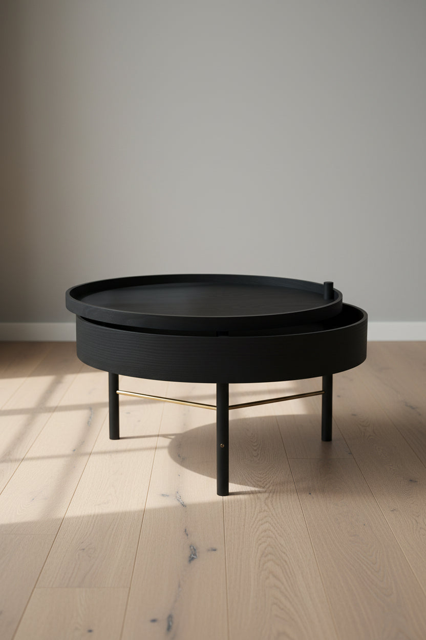 Table d'appoint moderne en frêne noir avec compartiment de rangement à couvercle rotatif pour salon