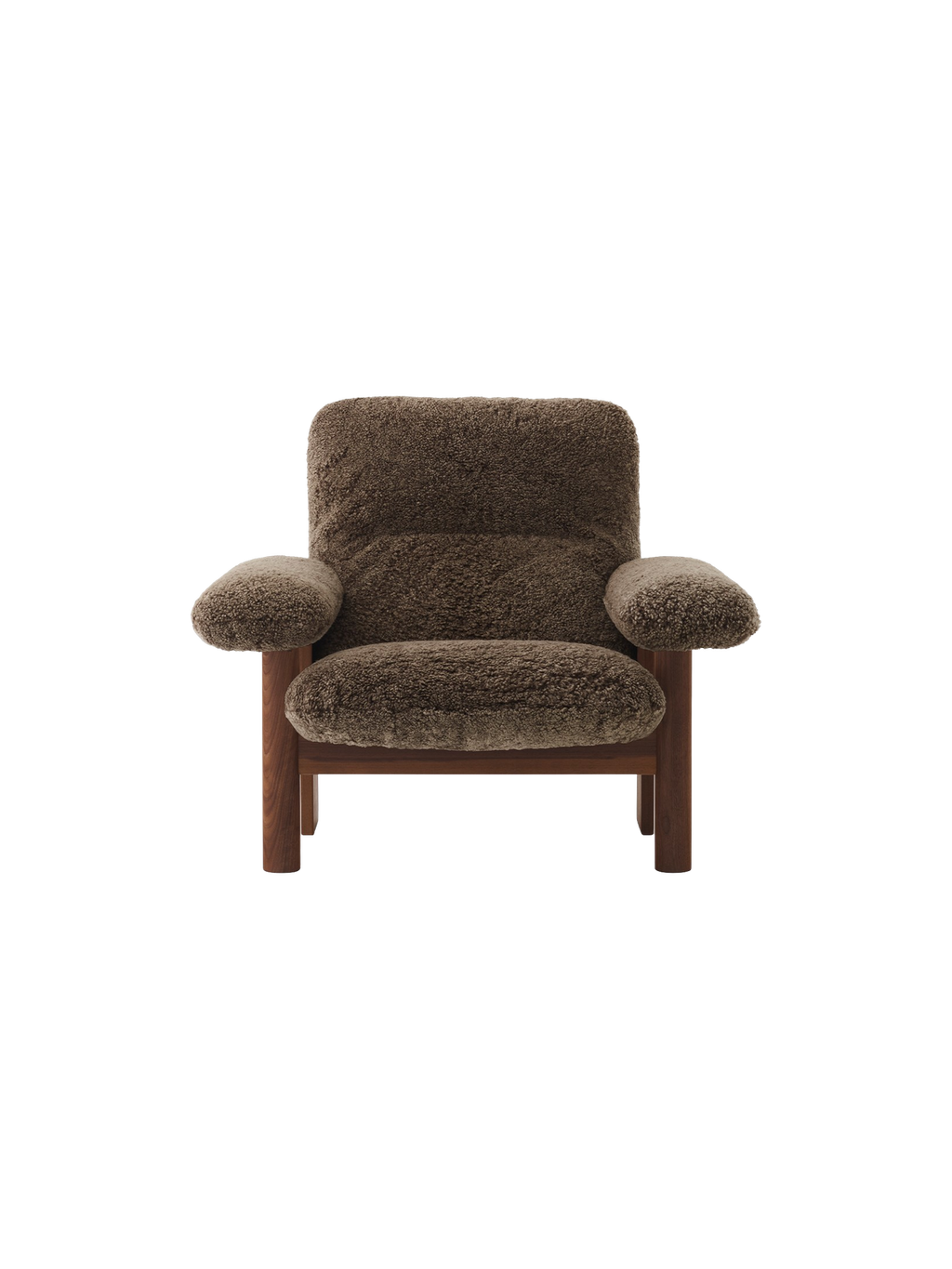 Fauteuil scandinave mi-siècle à dossier haut en peau de mouton avec accoudoirs exagérés pour salon et chambre