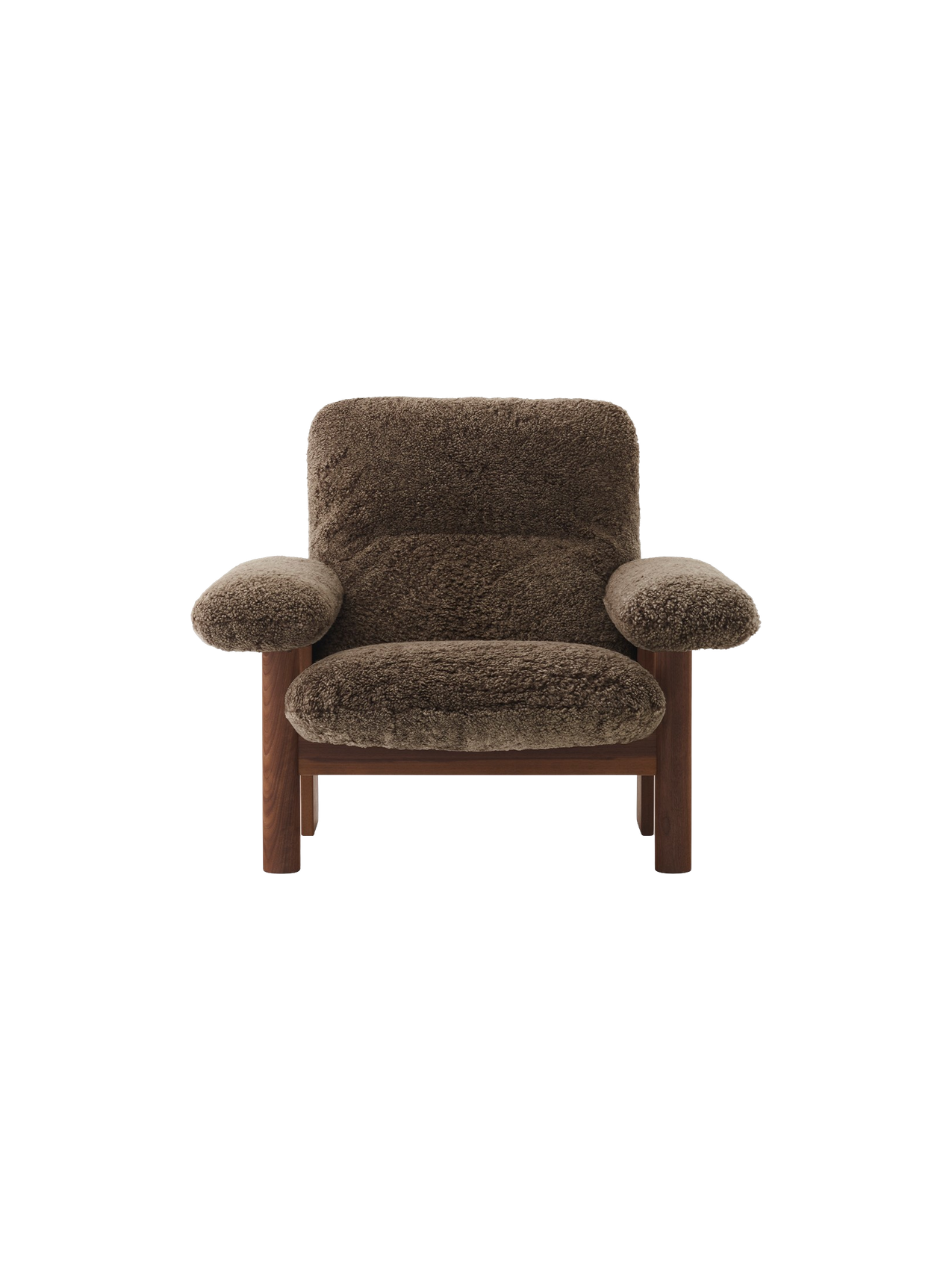 Fauteuil scandinave mi-siècle à dossier haut en peau de mouton avec accoudoirs exagérés pour salon et chambre