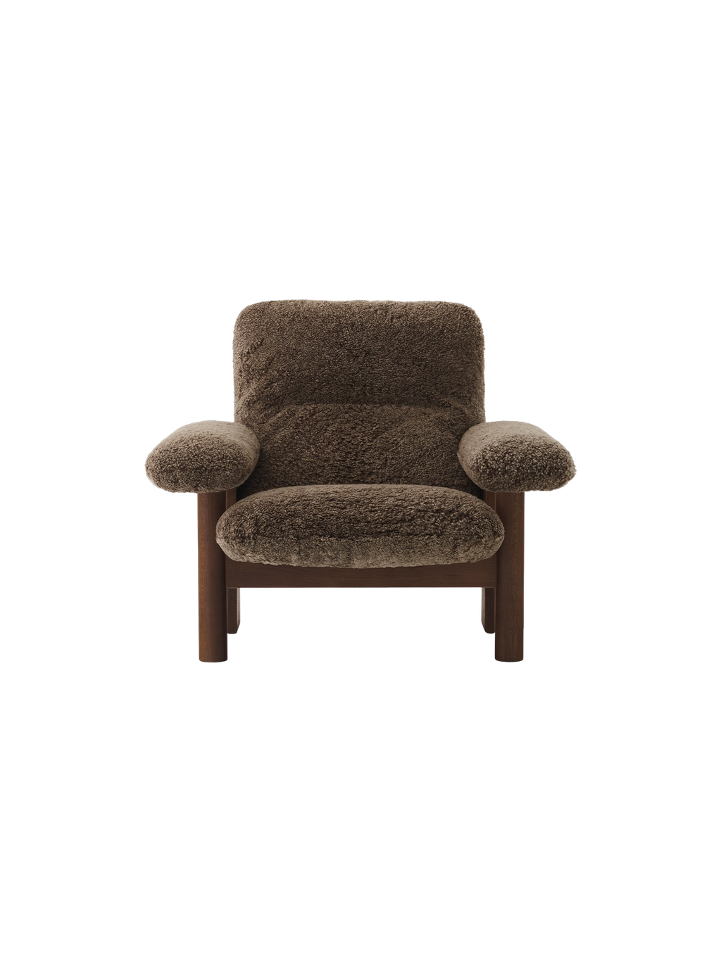 Fauteuil scandinave mi-siècle à dossier haut en peau de mouton avec accoudoirs exagérés pour salon et chambre