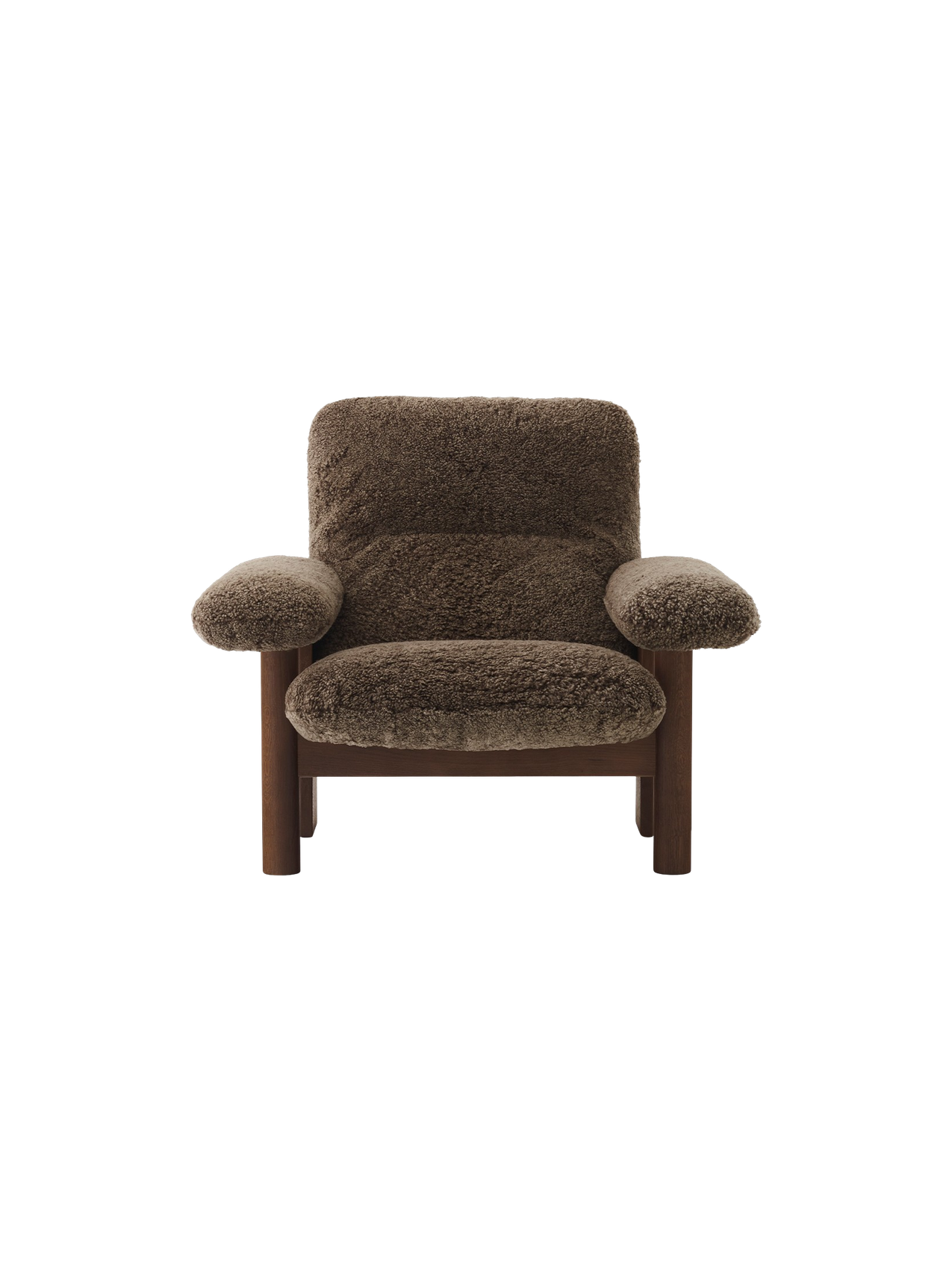 Fauteuil scandinave mi-siècle à dossier haut en peau de mouton avec accoudoirs exagérés pour salon et chambre