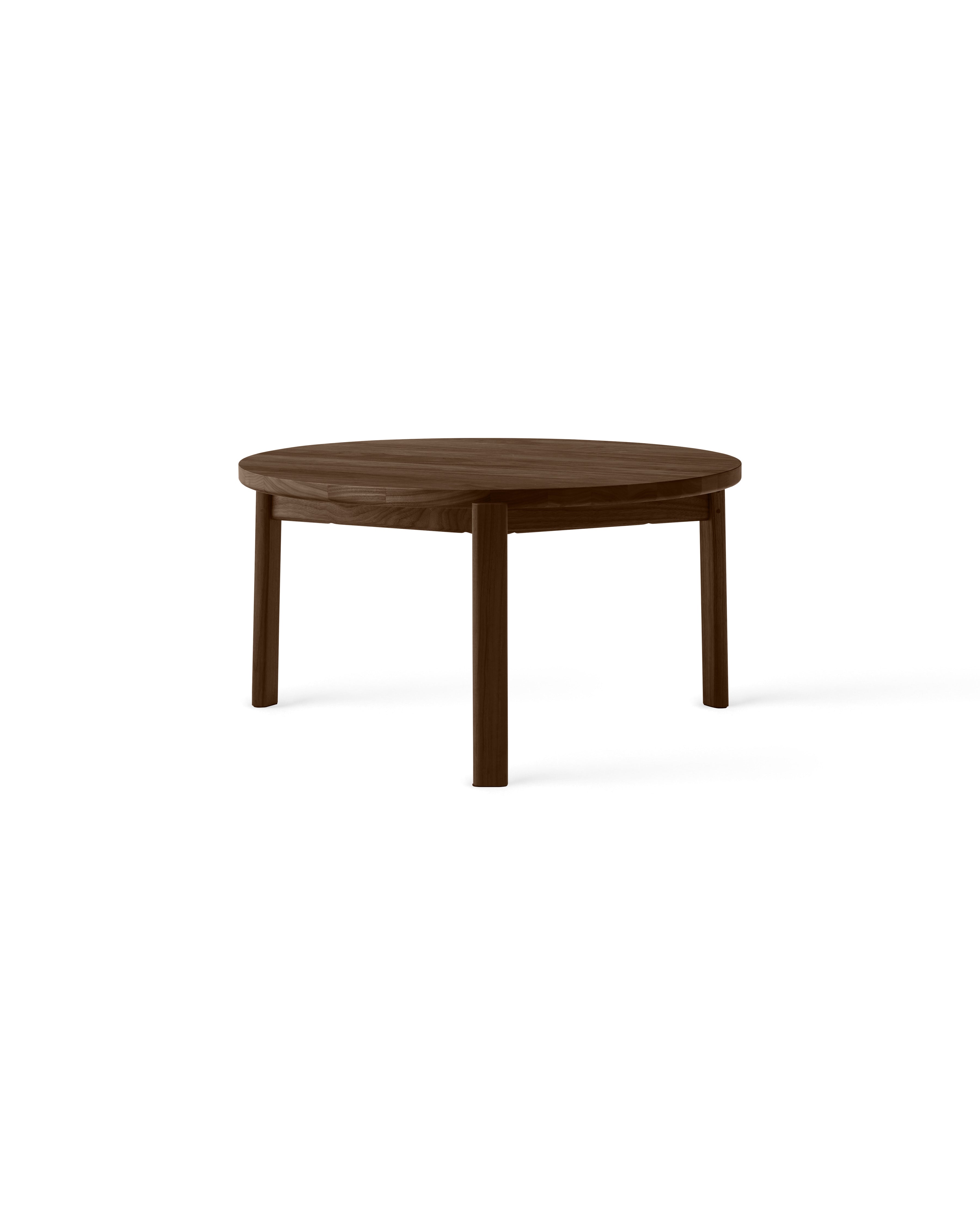 Table basse ronde scandinave en chêne massif et noyer avec assemblage à plat pour salon