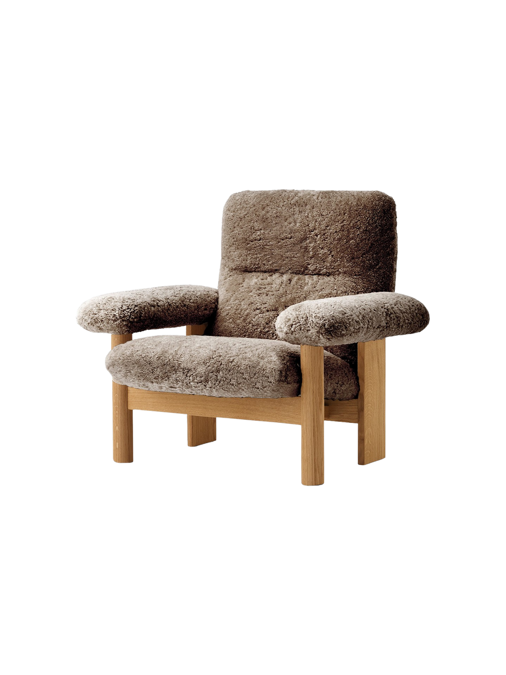 Fauteuil scandinave mi-siècle à dossier haut en peau de mouton avec accoudoirs exagérés pour salon et chambre