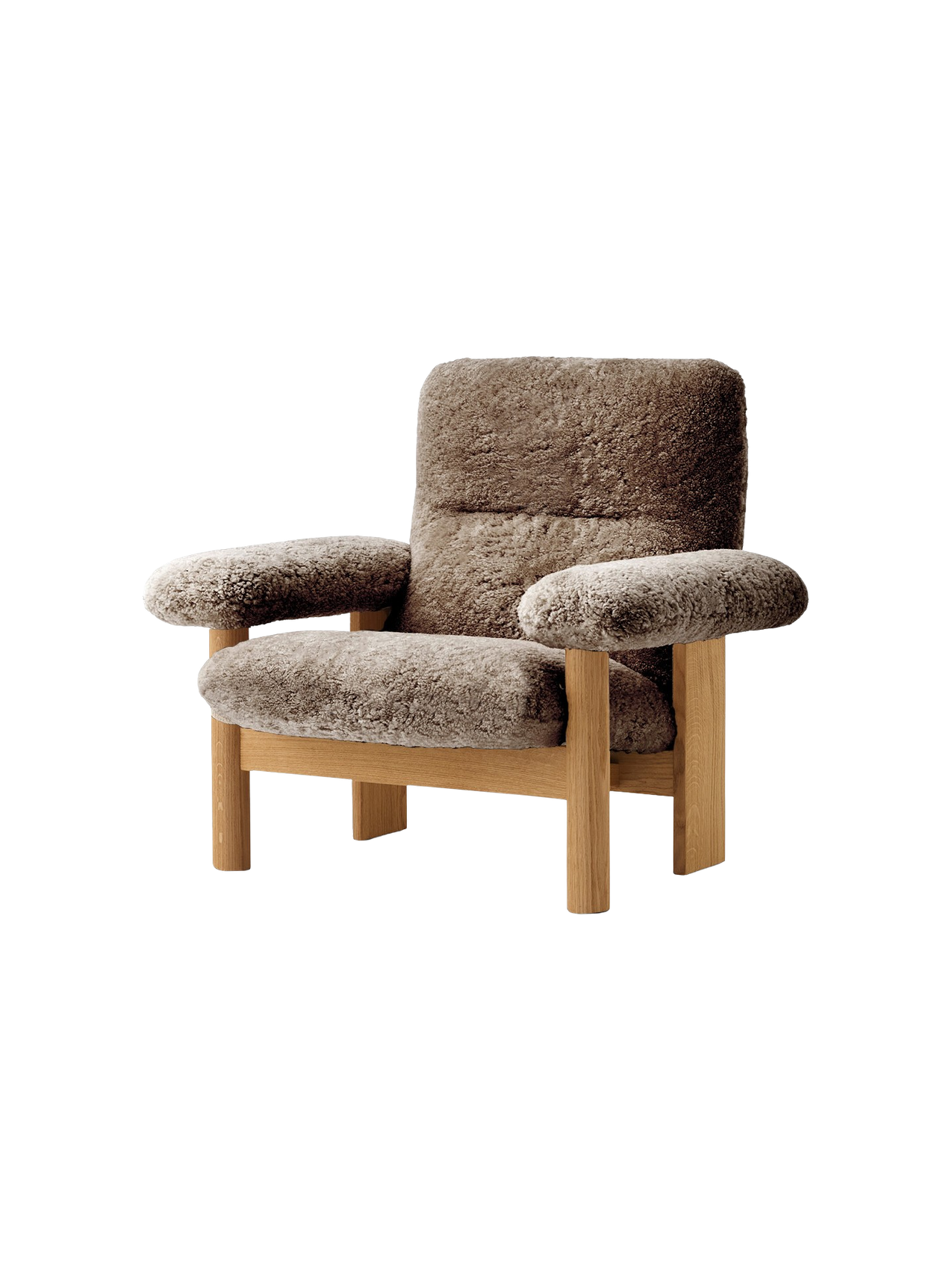 Fauteuil scandinave mi-siècle à dossier haut en peau de mouton avec accoudoirs exagérés pour salon et chambre
