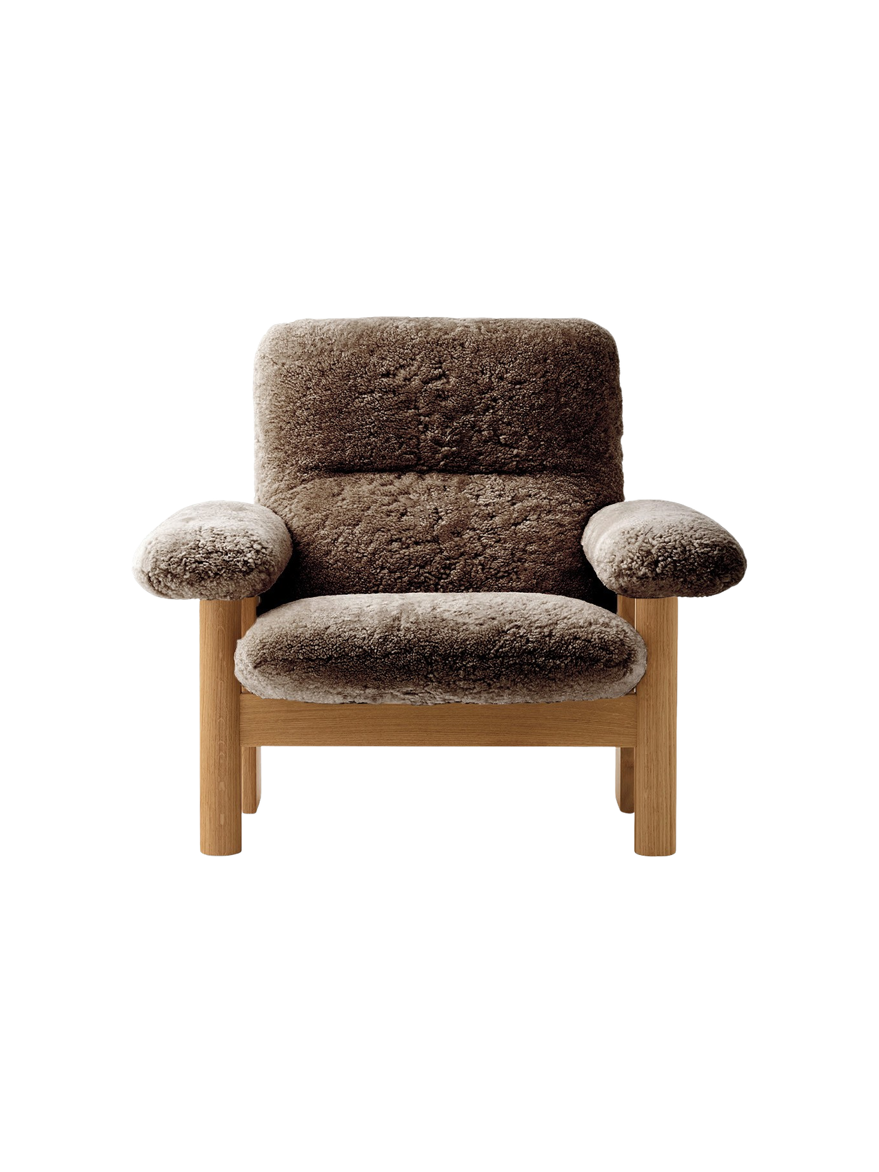 Fauteuil scandinave mi-siècle à dossier haut en peau de mouton avec accoudoirs exagérés pour salon et chambre