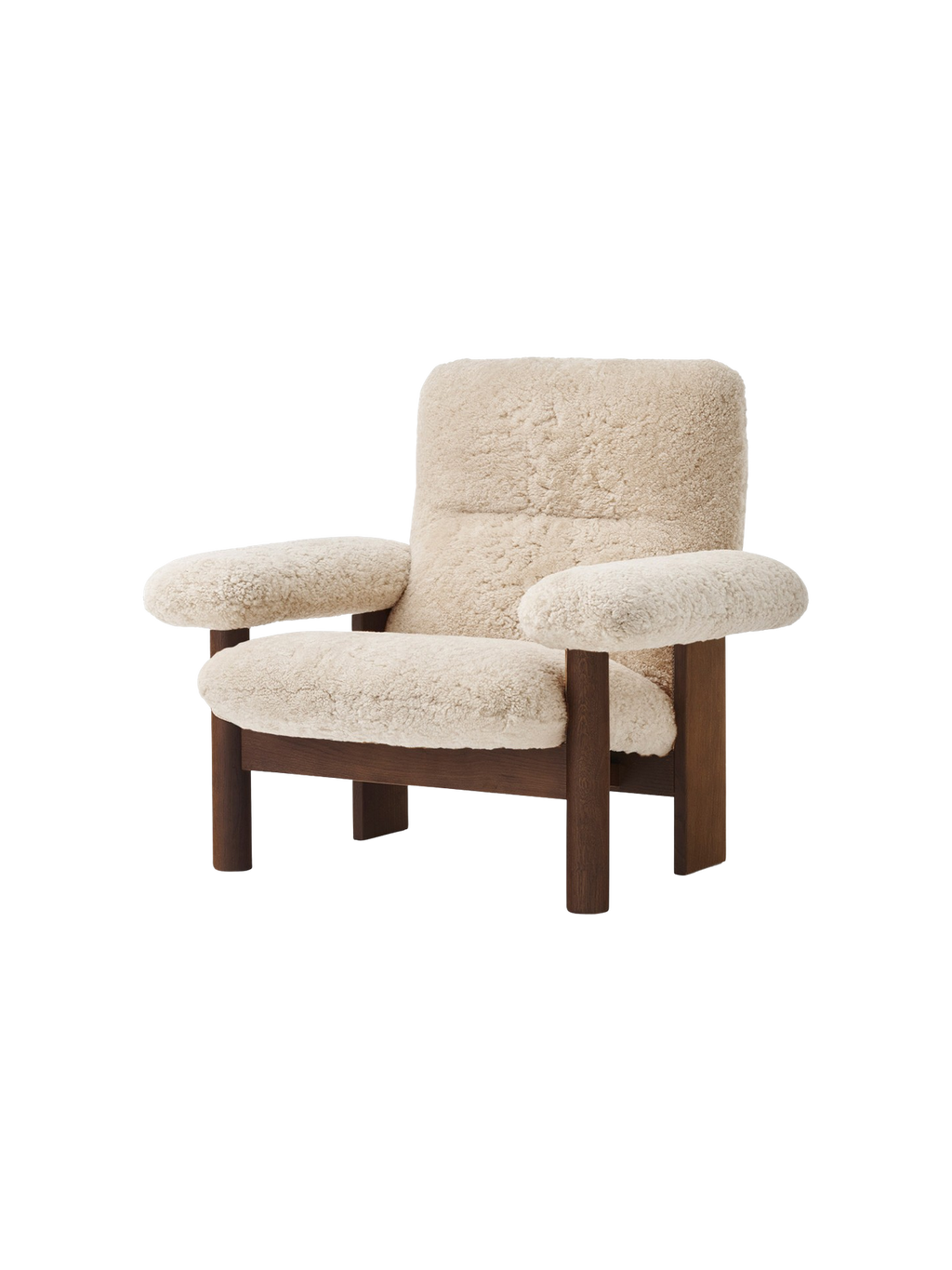 Fauteuil scandinave mi-siècle à dossier haut en peau de mouton avec accoudoirs exagérés pour salon et chambre