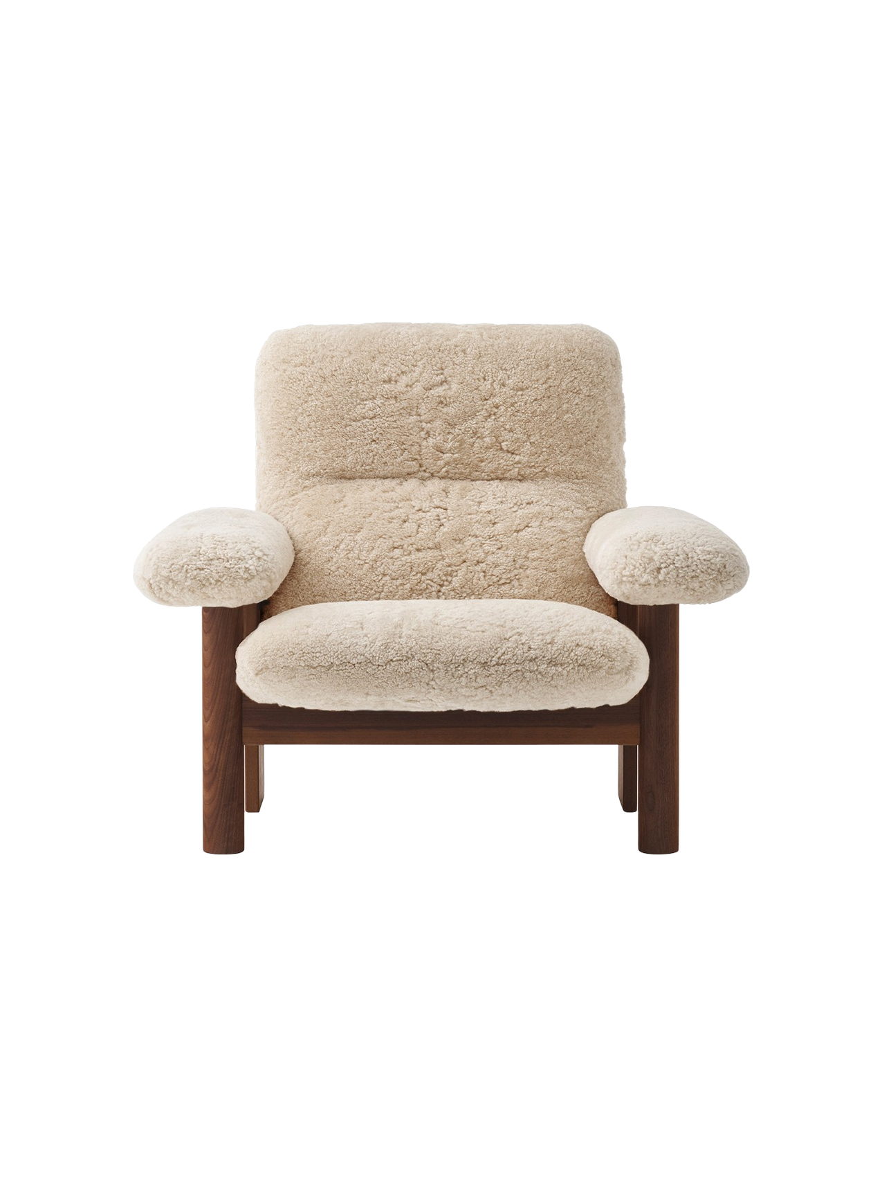 Fauteuil scandinave mi-siècle à dossier haut en peau de mouton avec accoudoirs exagérés pour salon et chambre