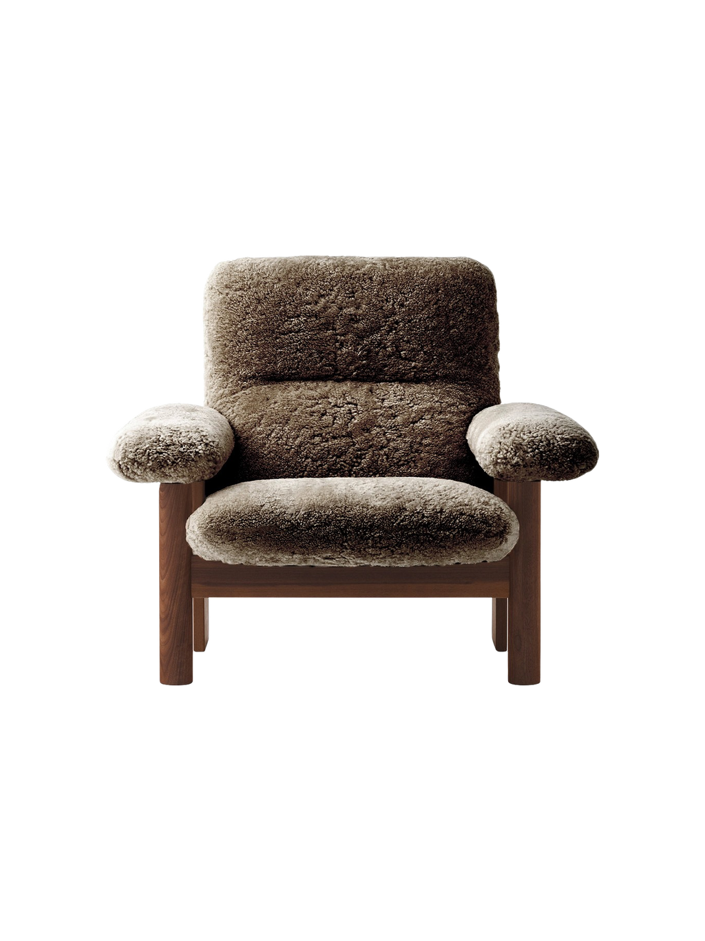 Fauteuil scandinave mi-siècle à dossier haut en peau de mouton avec accoudoirs exagérés pour salon et chambre