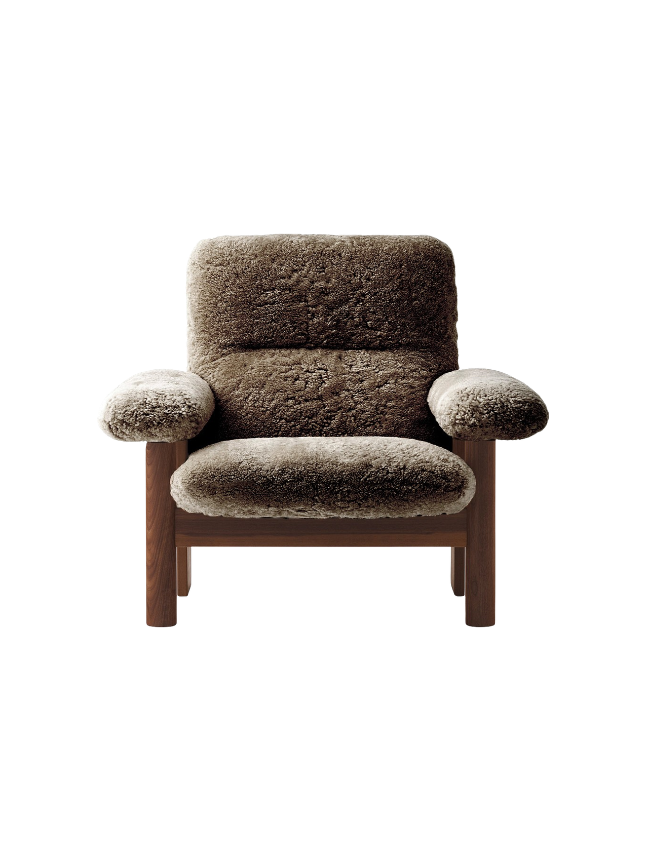 Fauteuil scandinave mi-siècle à dossier haut en peau de mouton avec accoudoirs exagérés pour salon et chambre