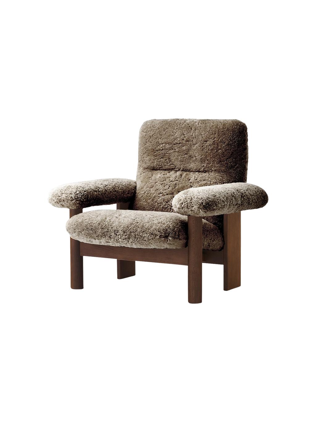 Fauteuil scandinave mi-siècle à dossier haut en peau de mouton avec accoudoirs exagérés pour salon et chambre