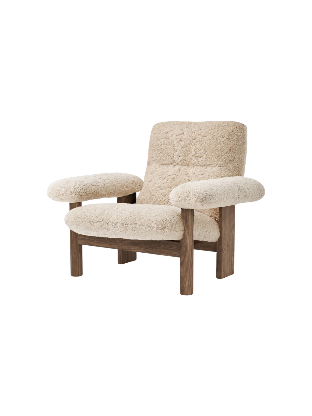 Fauteuil scandinave mi-siècle à dossier haut en peau de mouton avec accoudoirs exagérés pour salon et chambre