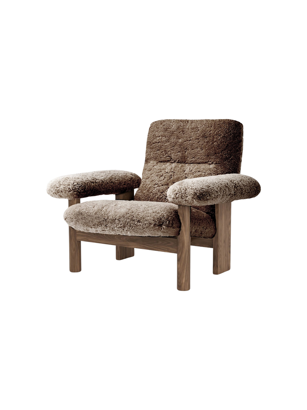 Fauteuil scandinave mi-siècle à dossier haut en peau de mouton avec accoudoirs exagérés pour salon et chambre