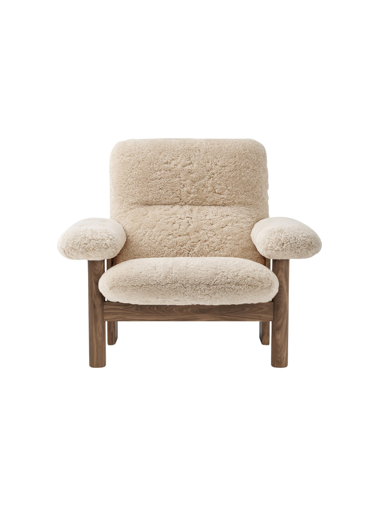 Fauteuil scandinave mi-siècle à dossier haut en peau de mouton avec accoudoirs exagérés pour salon et chambre