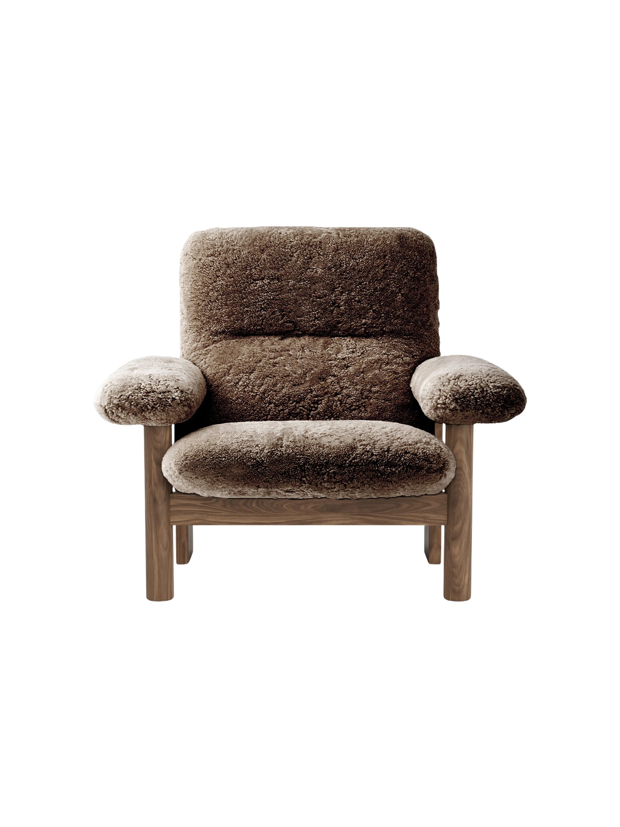 Fauteuil scandinave mi-siècle à dossier haut en peau de mouton avec accoudoirs exagérés pour salon et chambre