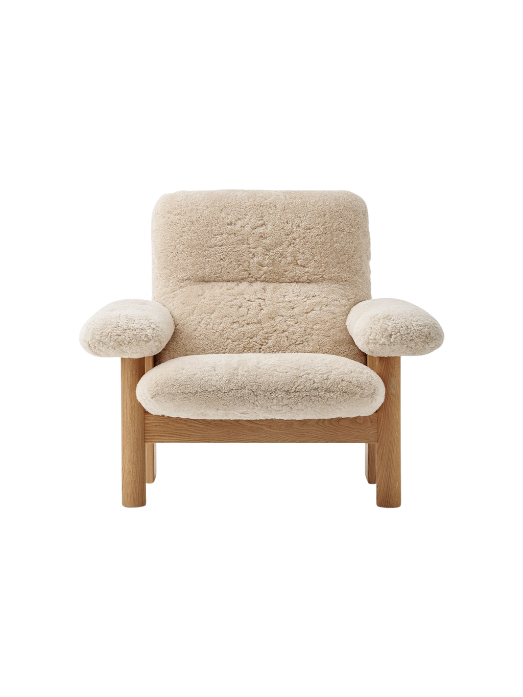 Fauteuil scandinave mi-siècle à dossier haut en peau de mouton avec accoudoirs exagérés pour salon et chambre