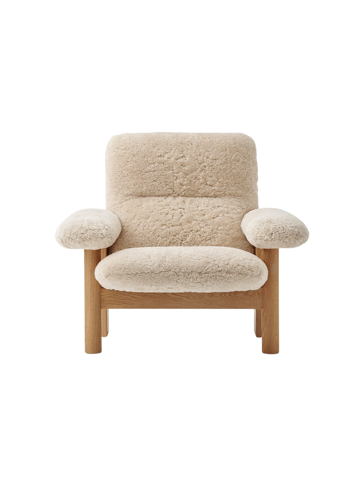 Fauteuil scandinave mi-siècle à dossier haut en peau de mouton avec accoudoirs exagérés pour salon et chambre