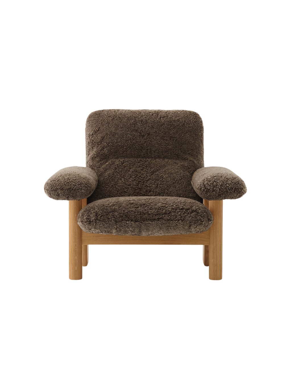 Fauteuil scandinave mi-siècle à dossier haut en peau de mouton avec accoudoirs exagérés pour salon et chambre