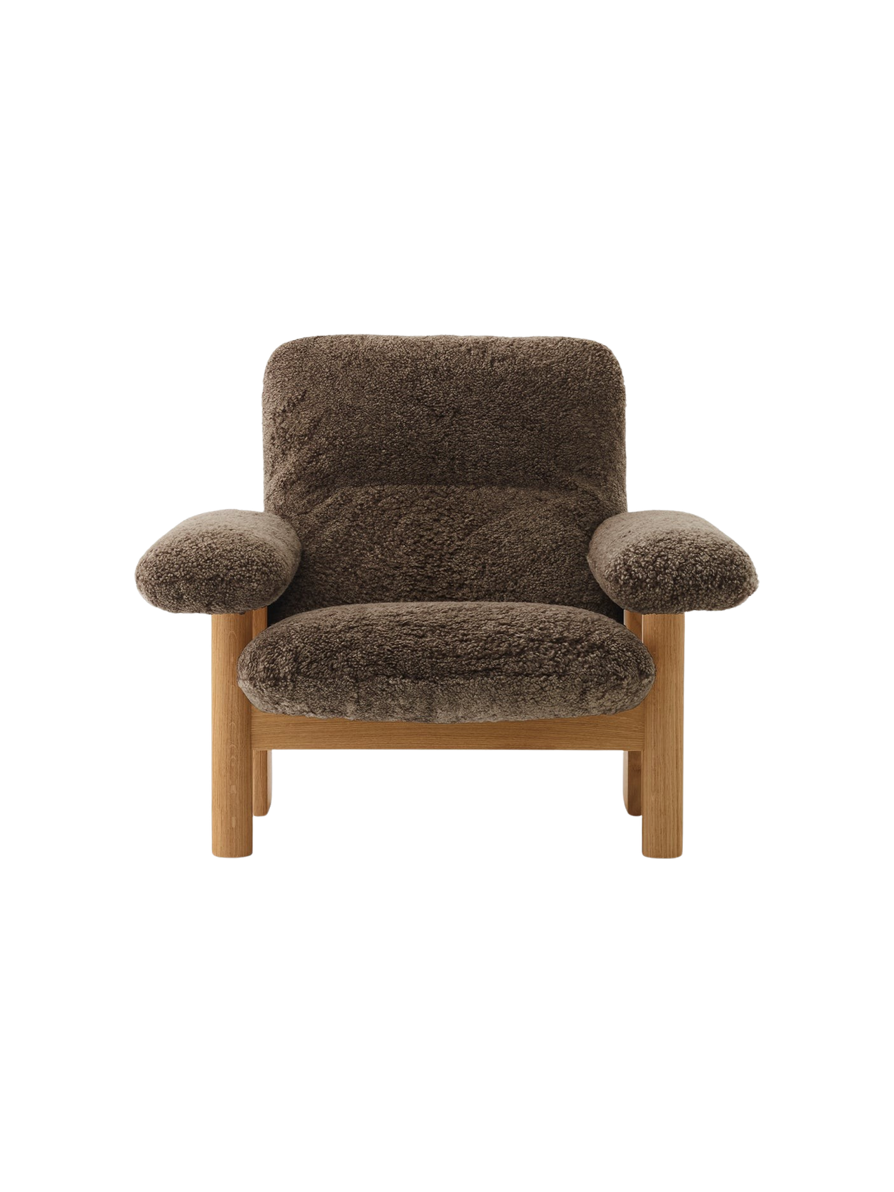 Fauteuil scandinave mi-siècle à dossier haut en peau de mouton avec accoudoirs exagérés pour salon et chambre