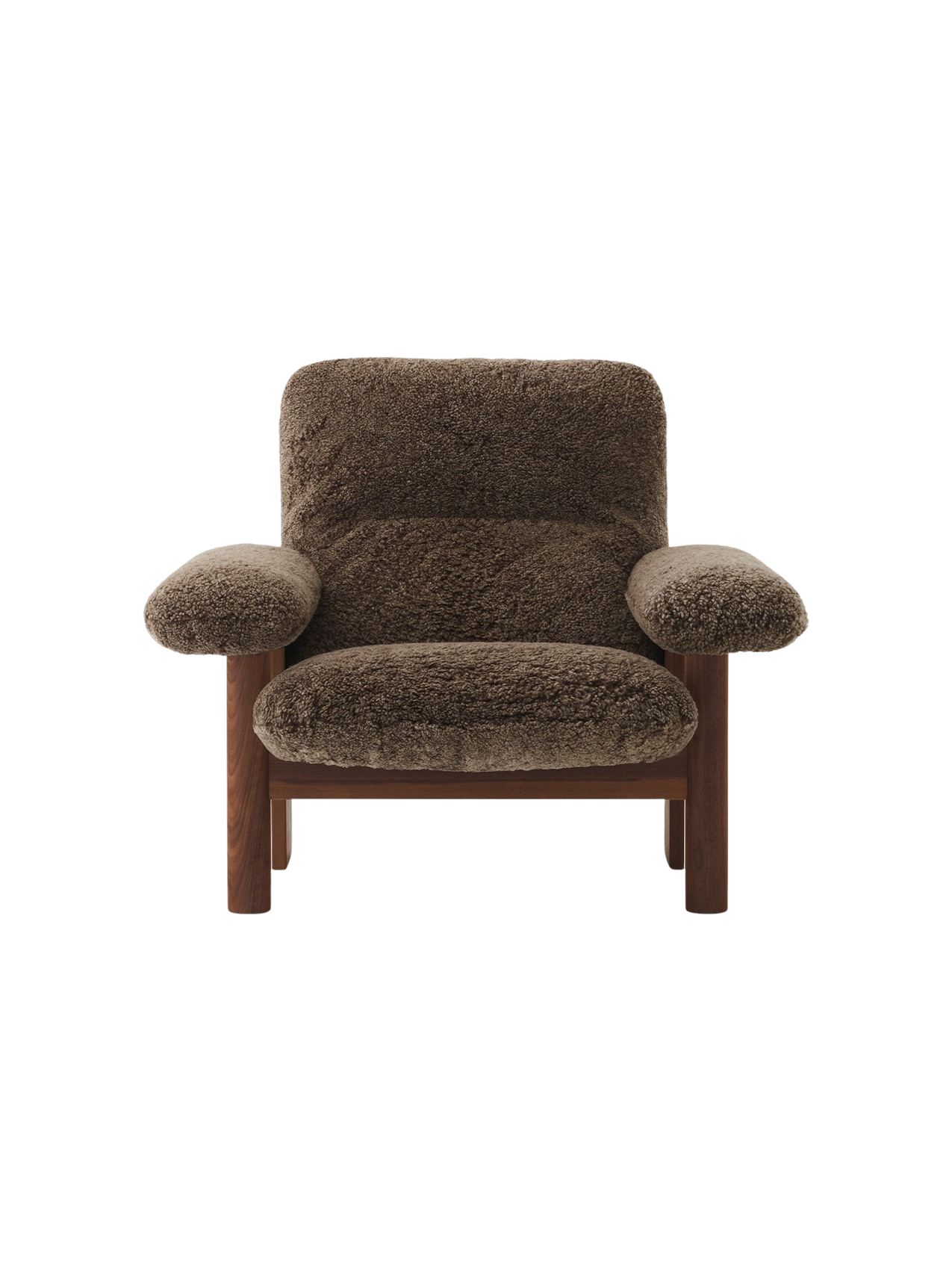 Fauteuil scandinave mi-siècle à dossier haut en peau de mouton avec accoudoirs exagérés pour salon et chambre