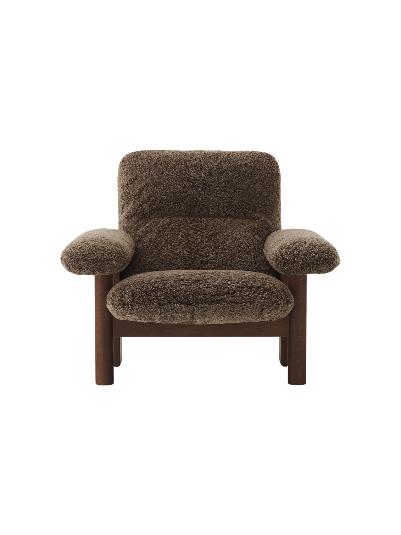 Fauteuil scandinave mi-siècle à dossier haut en peau de mouton avec accoudoirs exagérés pour salon et chambre