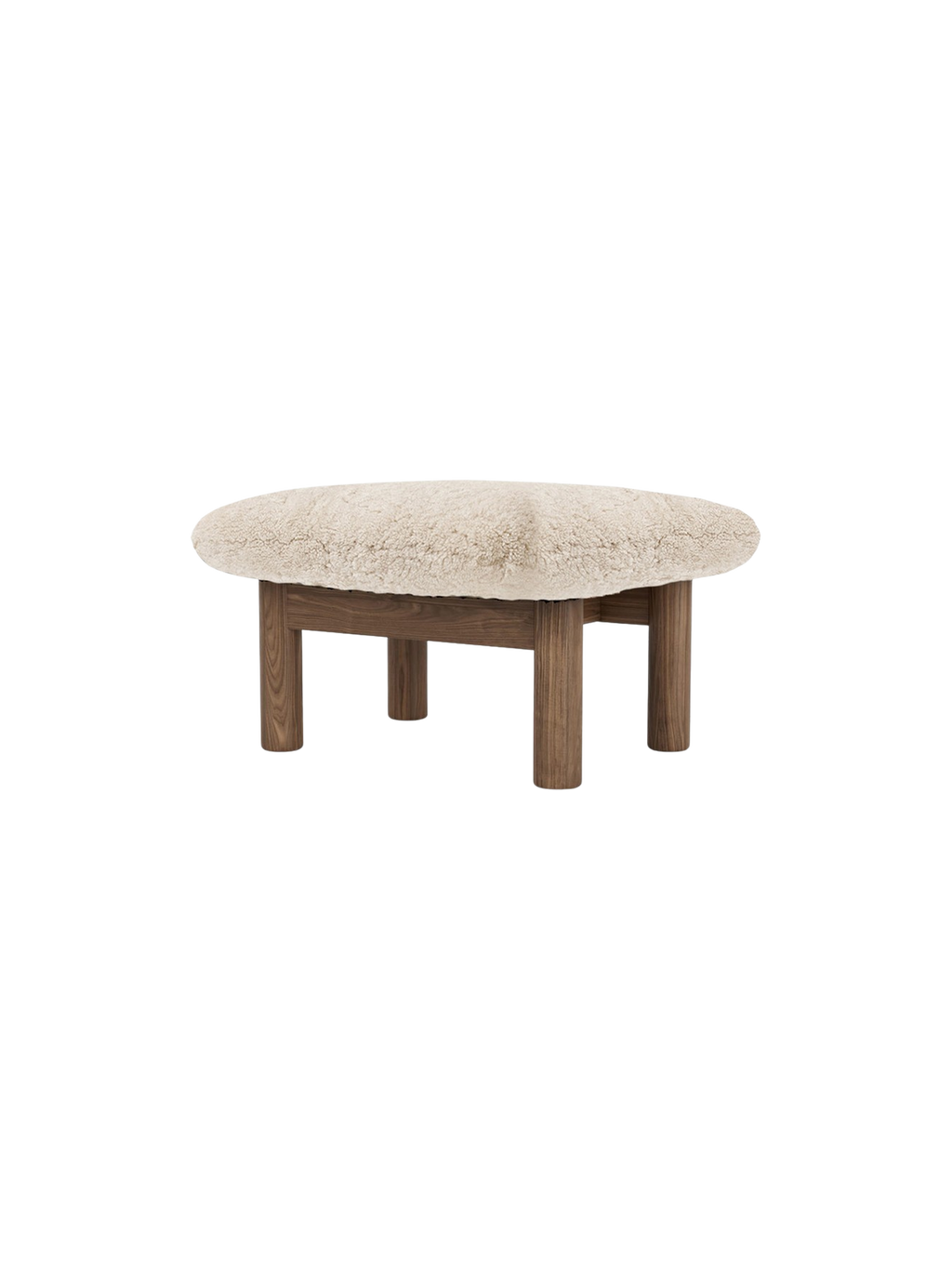 Ottoman scandinave mi-siècle en peau de mouton avec pieds cylindriques en bois pour salon et chambre