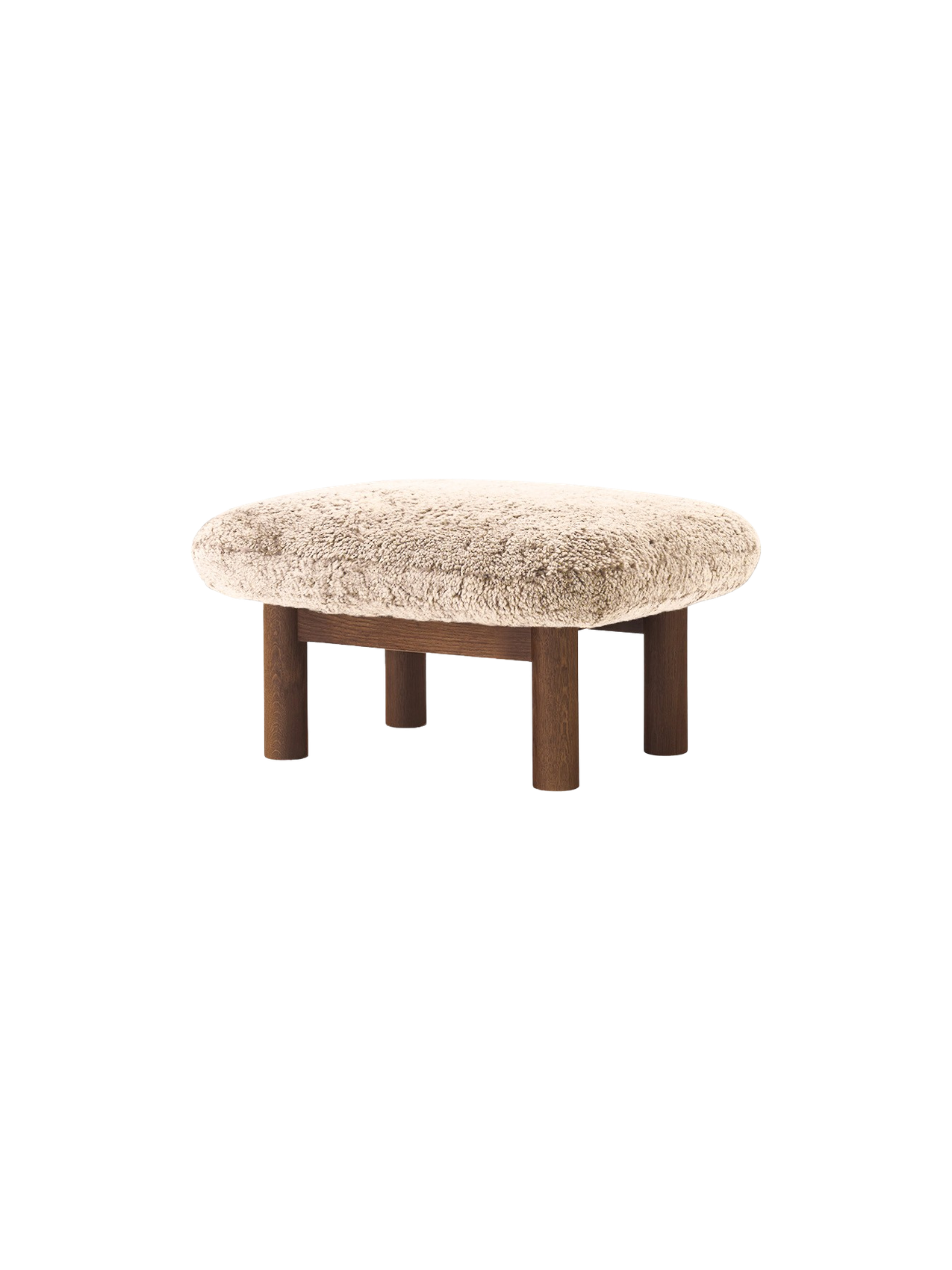 Ottoman scandinave mi-siècle en peau de mouton avec pieds cylindriques en bois pour salon et chambre