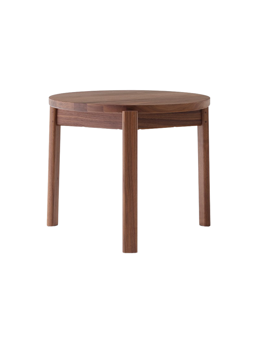 Table basse ronde scandinave en chêne massif et noyer avec assemblage à plat pour salon