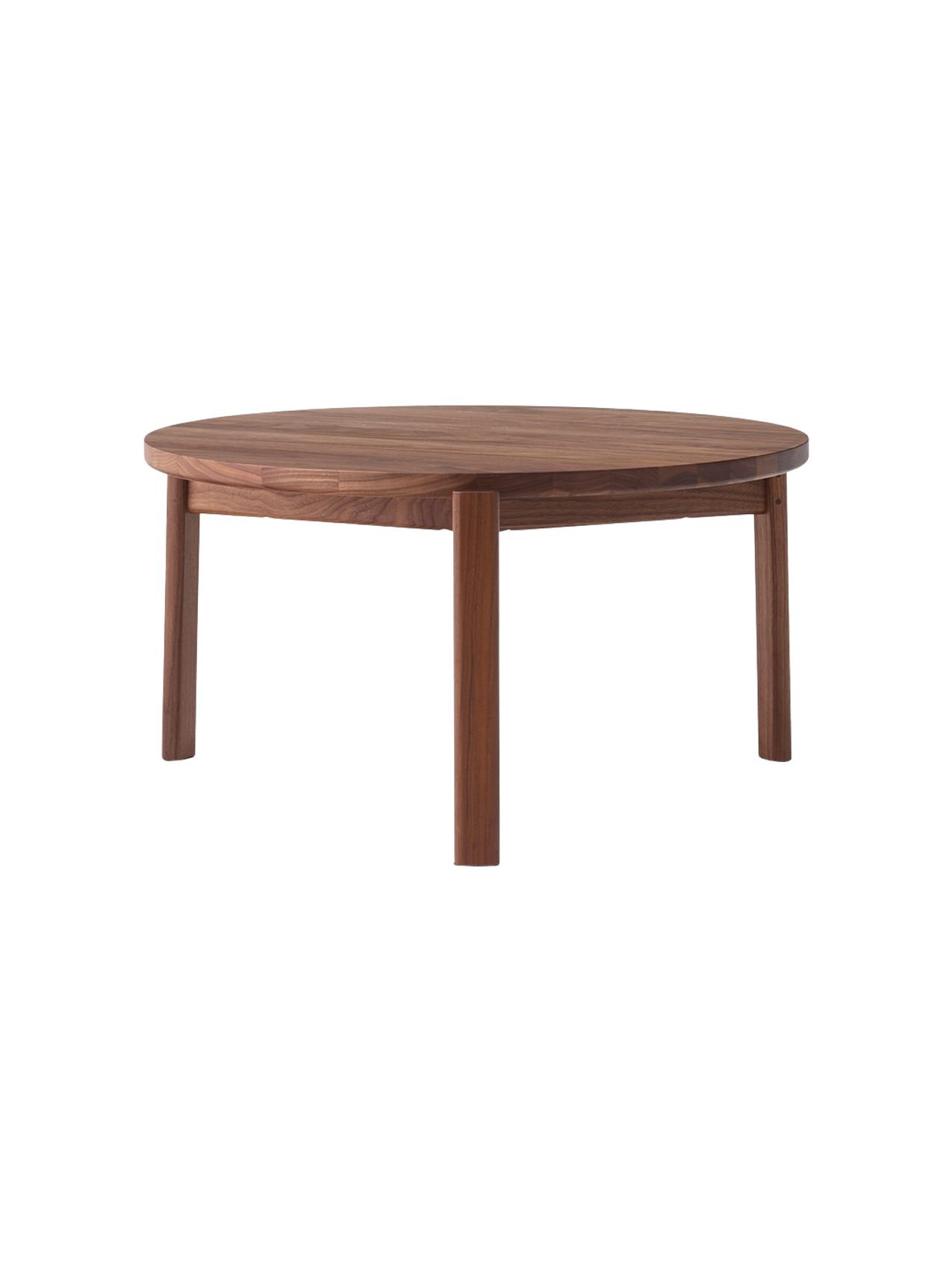 Table basse ronde scandinave en chêne massif et noyer avec assemblage à plat pour salon