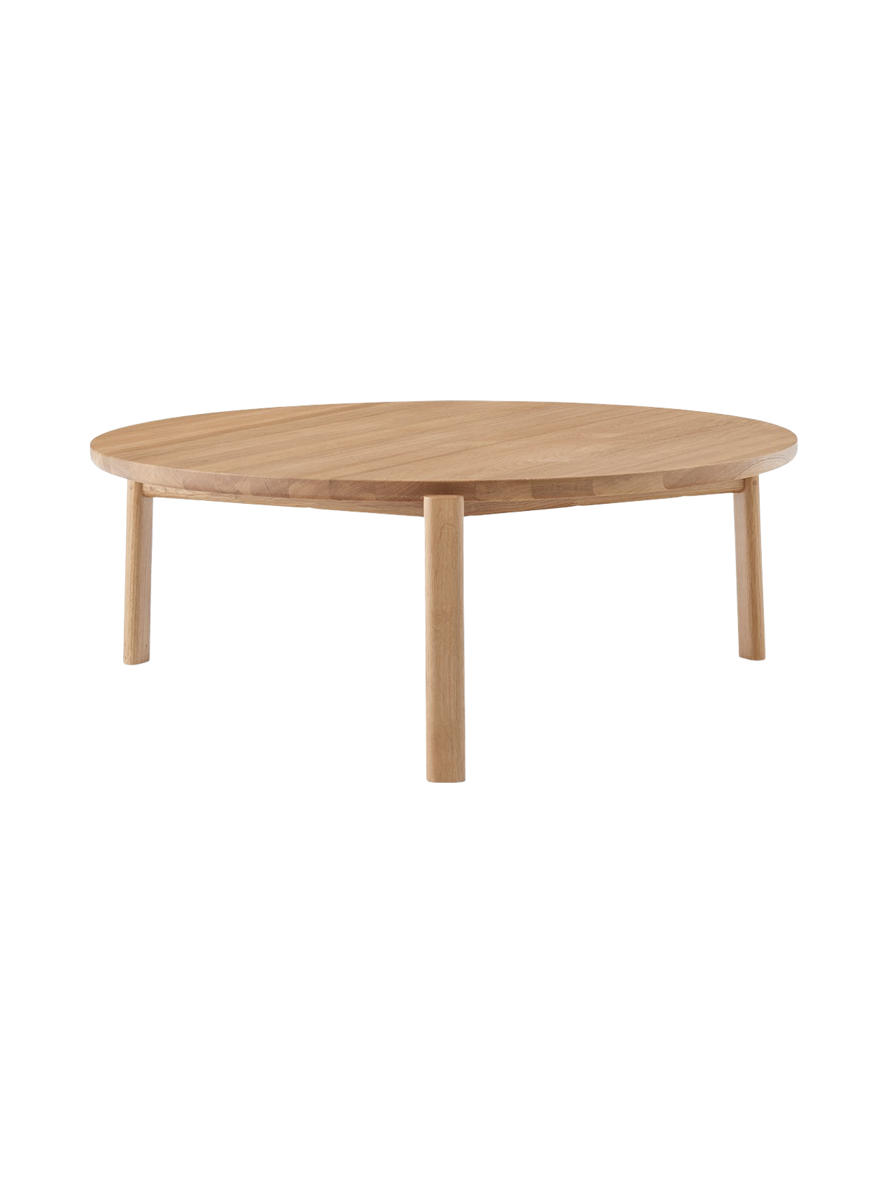 Table basse ronde scandinave en chêne massif et noyer avec assemblage à plat pour salon