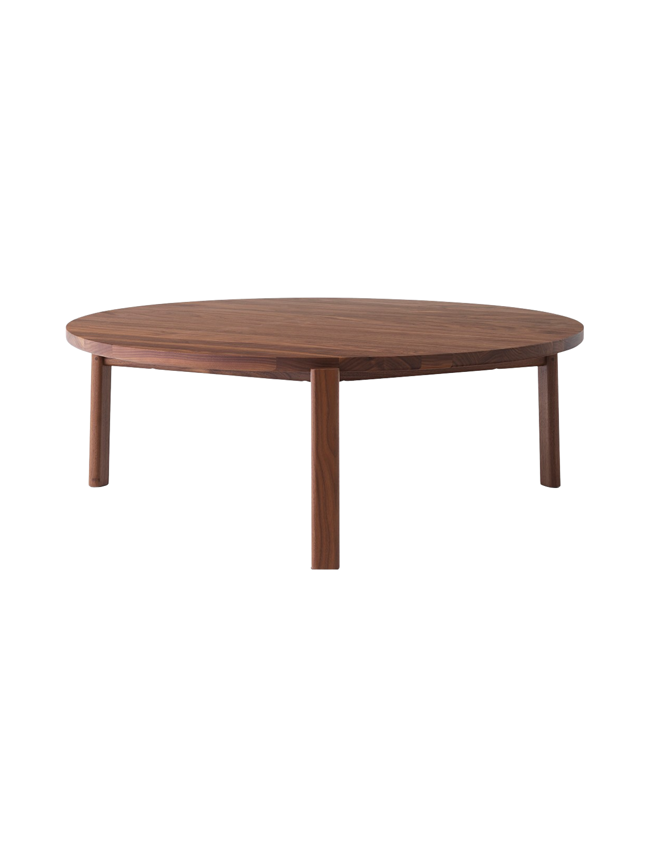 Table basse ronde scandinave en chêne massif et noyer avec assemblage à plat pour salon