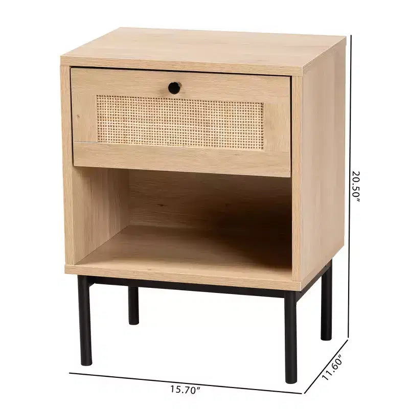 Table d'appoint Sherwin de style moderne du milieu du siècle, brun clair et noir, avec 1 tiroir et accent en rotin tressé