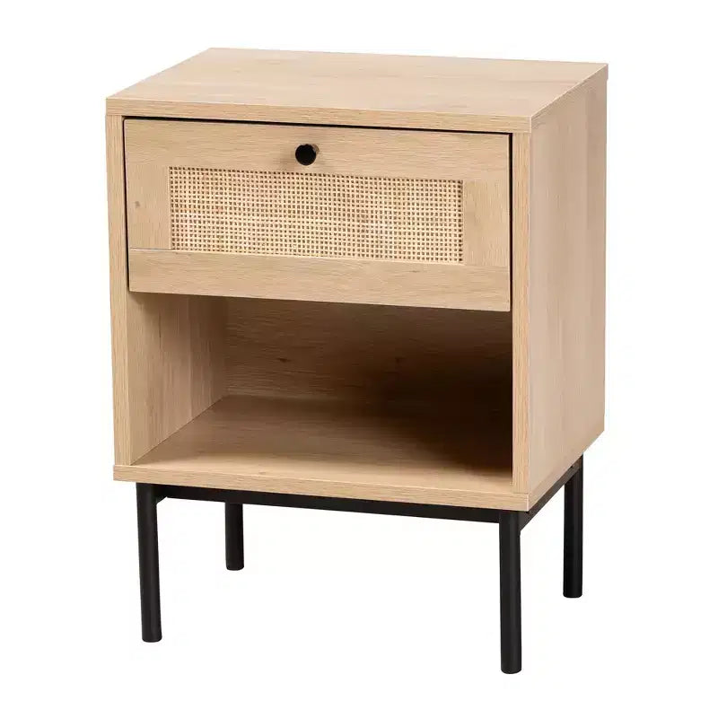 Table d'appoint Sherwin de style moderne du milieu du siècle, brun clair et noir, avec 1 tiroir et accent en rotin tressé